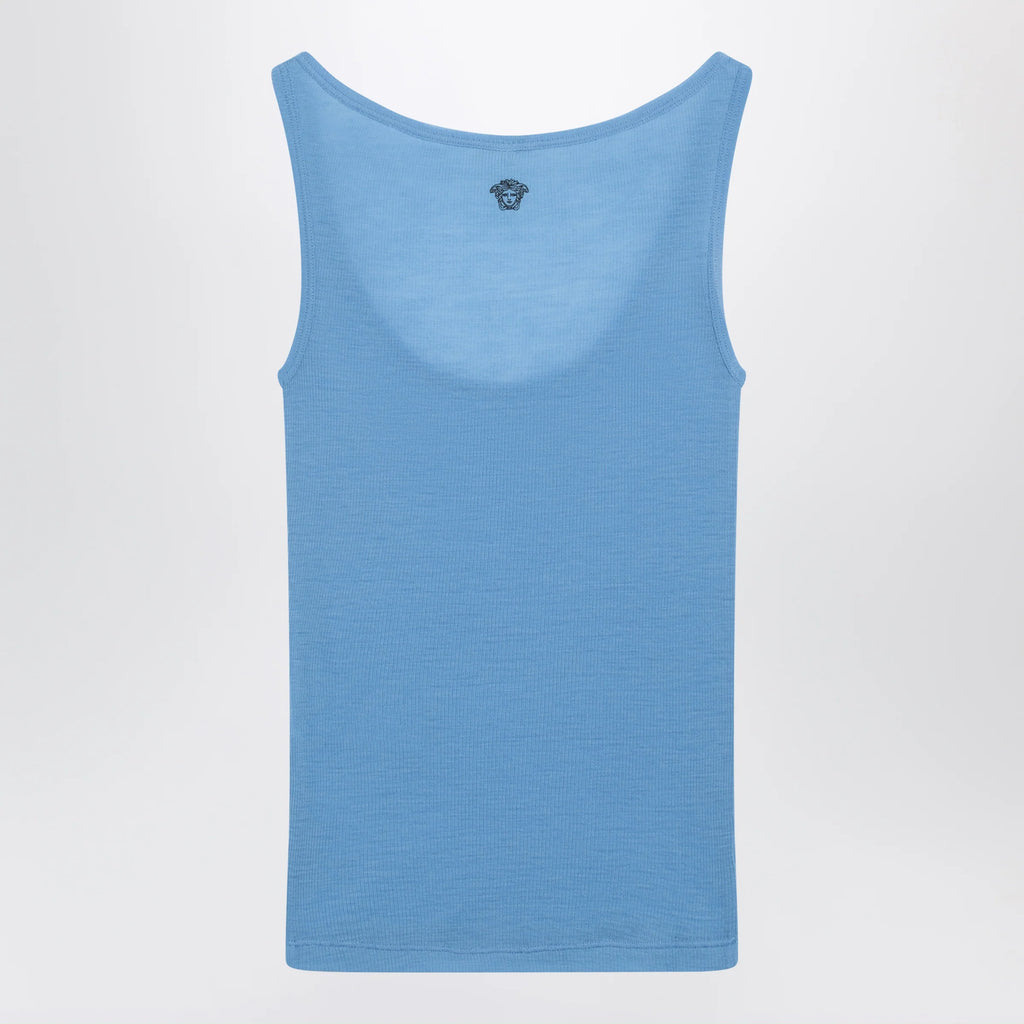 Versace Blue wool tank top with logo embroidery