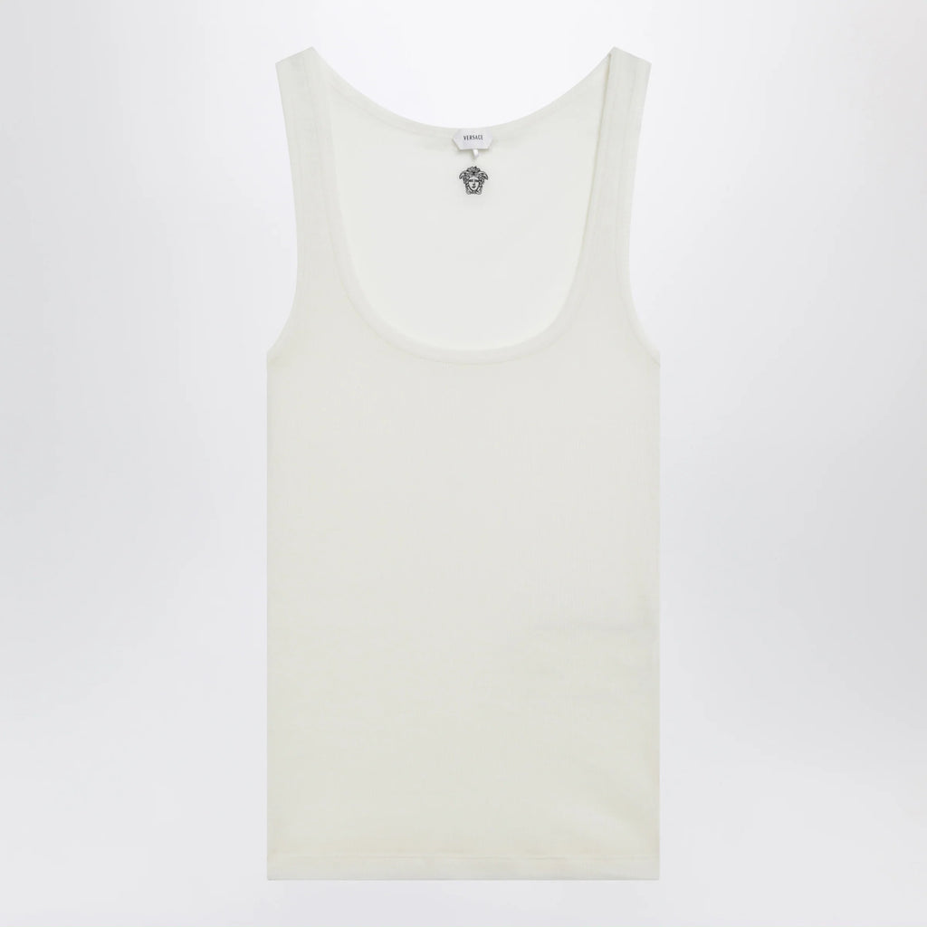 Versace Cream wool tank top with logo embroidery