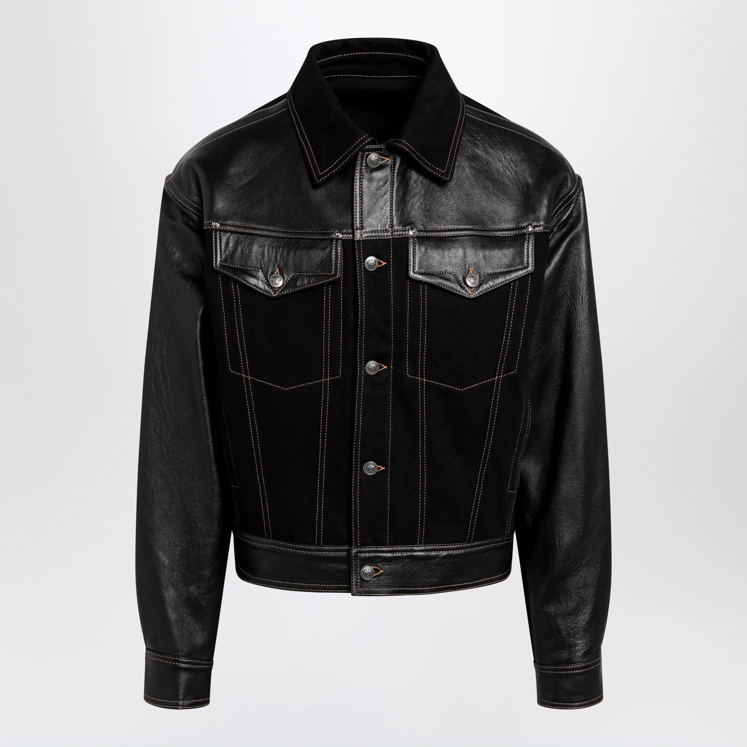 Versace Black Denim and Leather Bomber Jacket