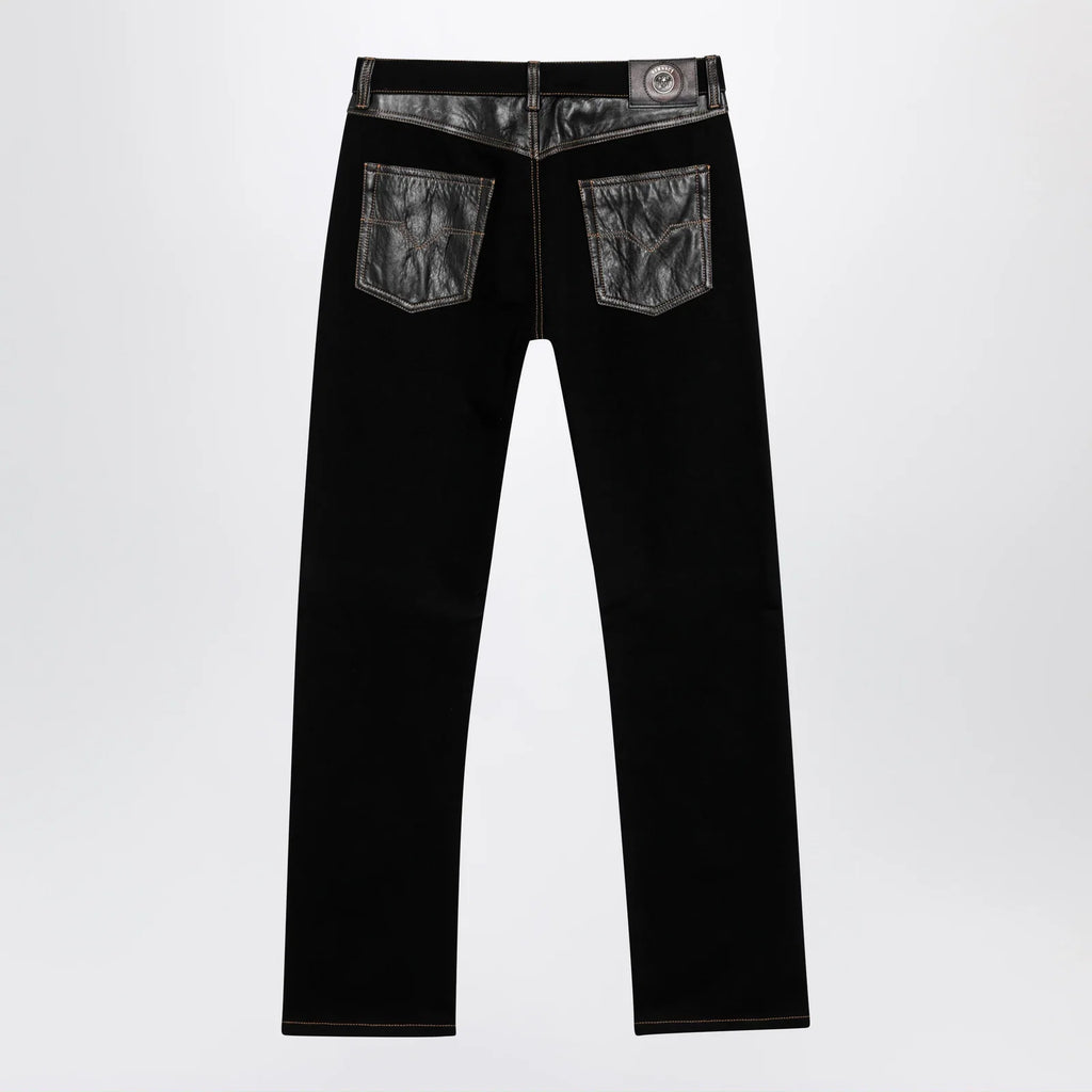 Versace Straight-leg denim and leather jeans in black