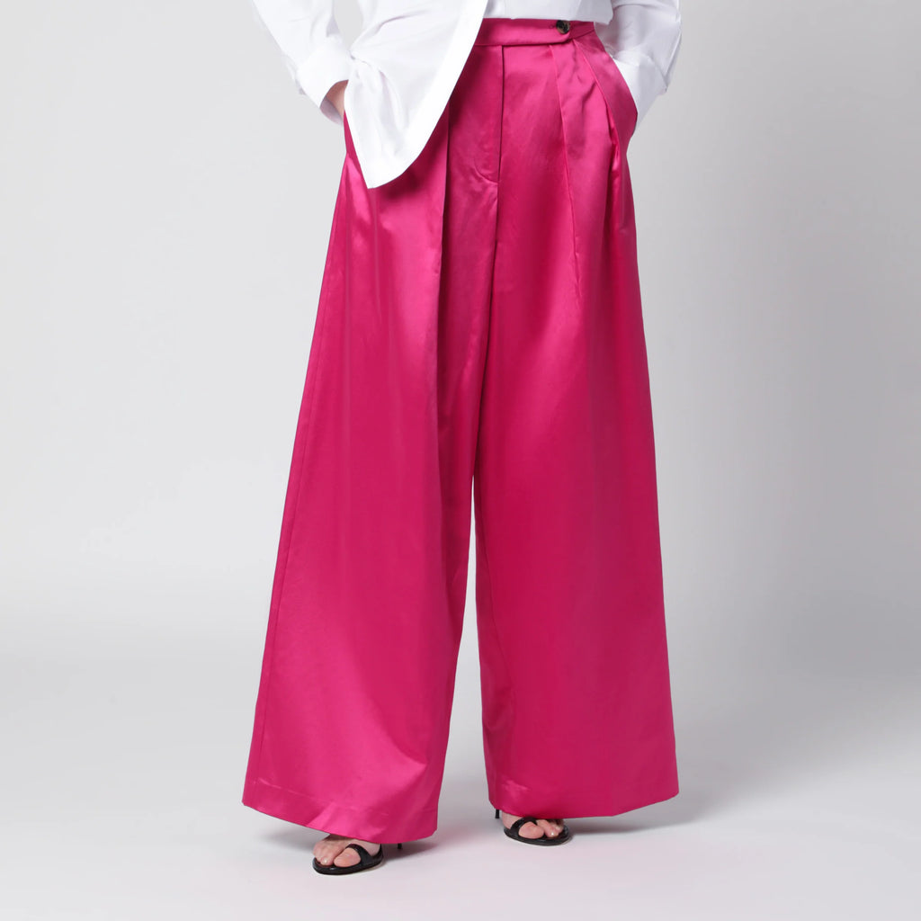 Dries Van Noten Wide pleated fuchsia satin trousers
