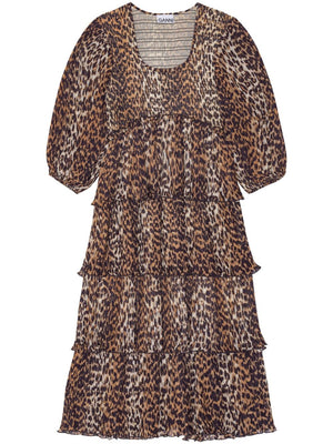 Ganni Leopard Pleated Georgette Flounce Smock Midi Dress