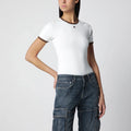 Courreges Courrèges White/Brown cotton T-shirt with contrast crew neck