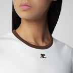 Courreges Courrèges White/Brown cotton T-shirt with contrast crew neck