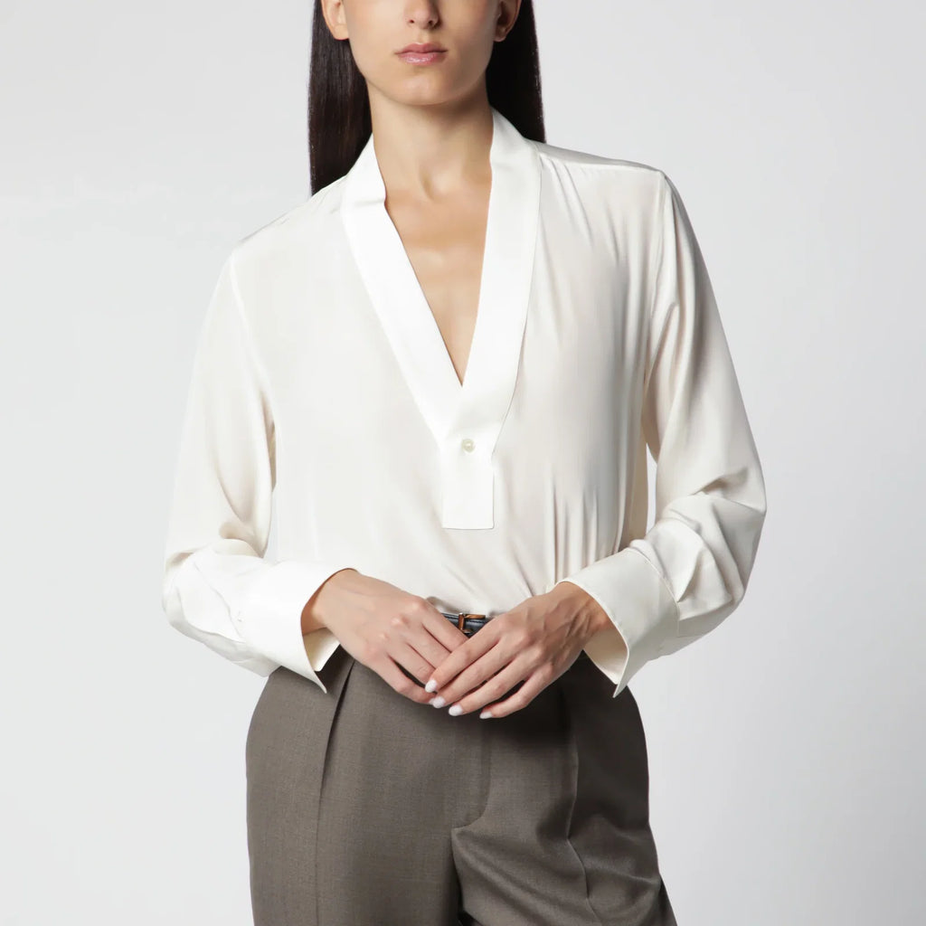 Victoria Beckham Ivory Silk V-Neck Blouse