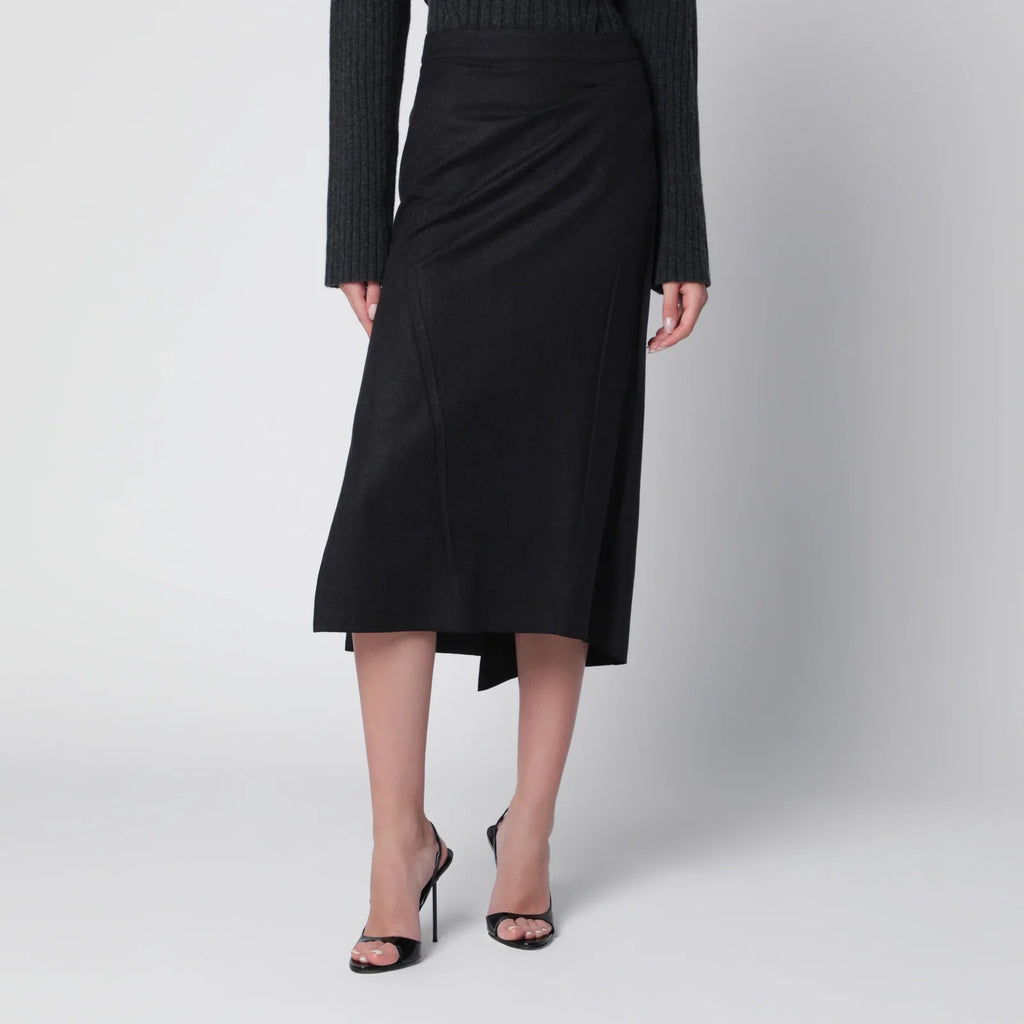 Victoria Beckham Pressed Midi Skirt in Dark Grey Wool and Mohair