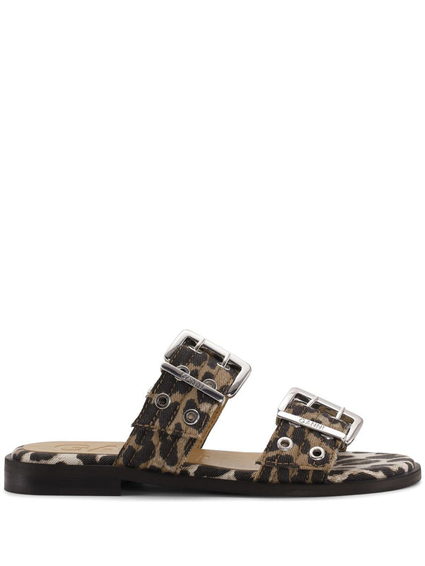 Ganni Leopard Denim Feminine Buckle Two-Strap Sandals