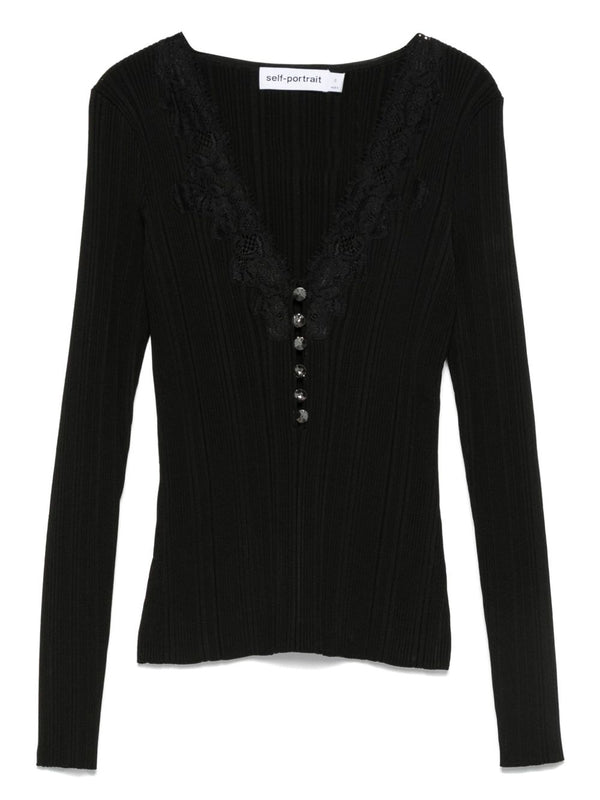 Self-Portrait Lace-trimmed ribbed top