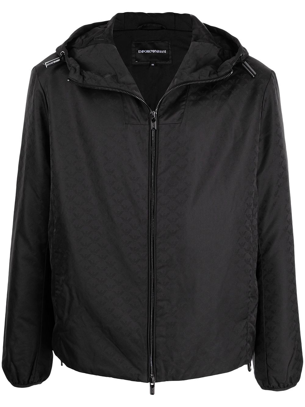 Emporio Armani Hooded jacket with zip in nylon jacquard eagle all over
