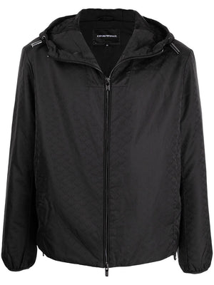 Emporio Armani Hooded jacket with zip in nylon jacquard eagle all over