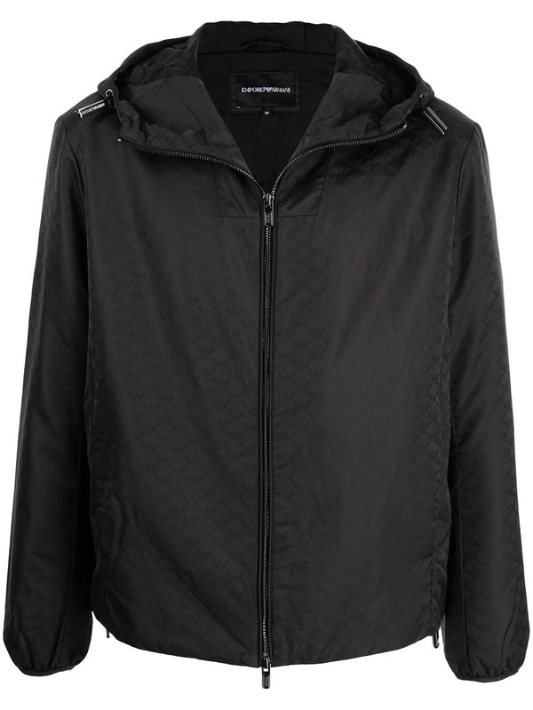 Emporio Armani Hooded jacket with zip in nylon jacquard eagle all over