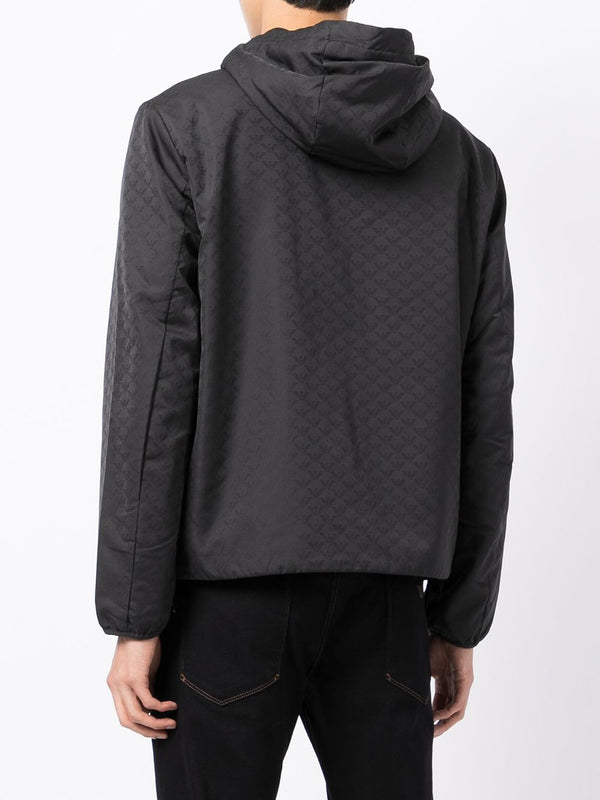 Emporio Armani Hooded jacket with zip in nylon jacquard eagle all over