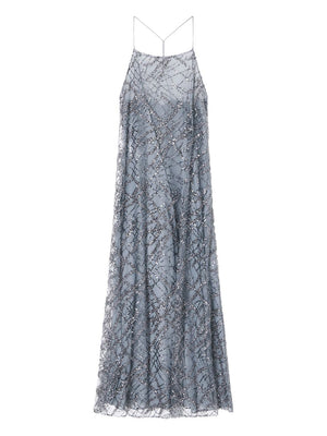 Emporio Armani Long tulle dress with all-over micro sequin and jet embroidery