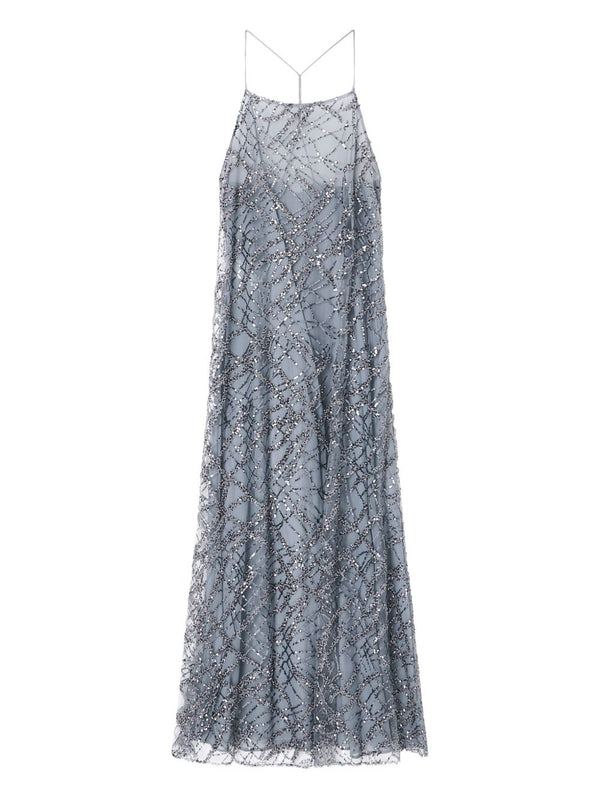 Emporio Armani Long tulle dress with all-over micro sequin and jet embroidery