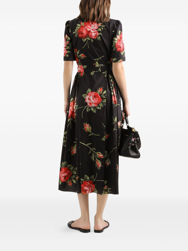 Dolce & Gabbana- floral-print belted midi dress in black cotton