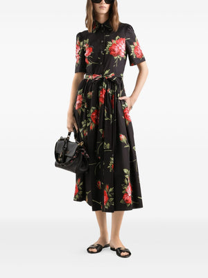 Dolce & Gabbana- floral-print belted midi dress in black cotton