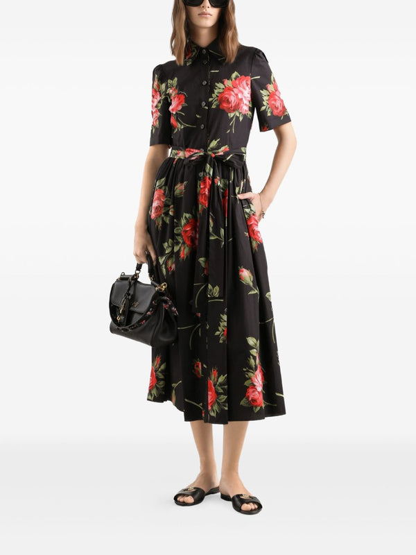 Dolce & Gabbana- floral-print belted midi dress in black cotton