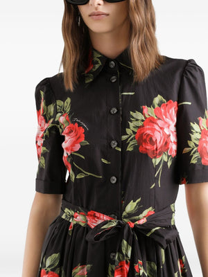 Dolce & Gabbana- floral-print belted midi dress in black cotton