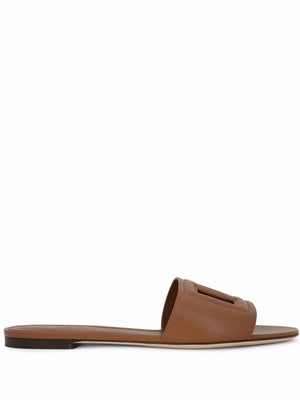 Dolce & Gabbana-DG logo brown calfskin leather slides.