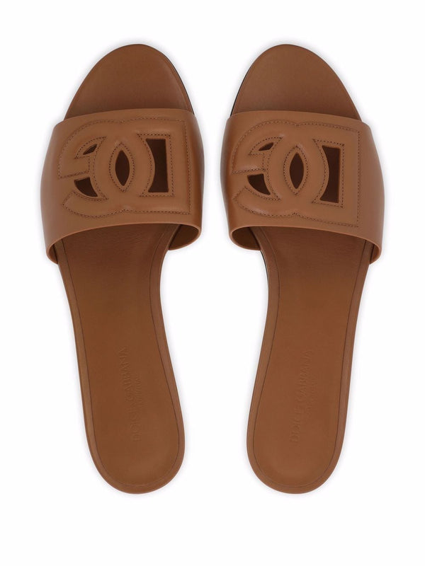 Dolce & Gabbana-DG logo brown calfskin leather slides.