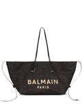 Balmain Track Tote Bag In Raffia And Calfskin