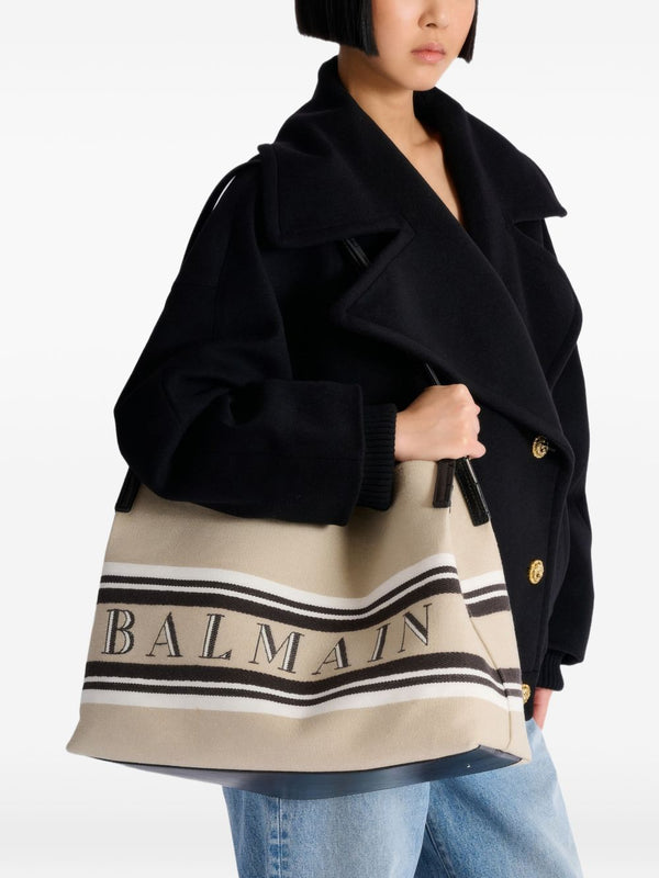Balmain Medium Release Shopper Bag In Canvas And Calfskin