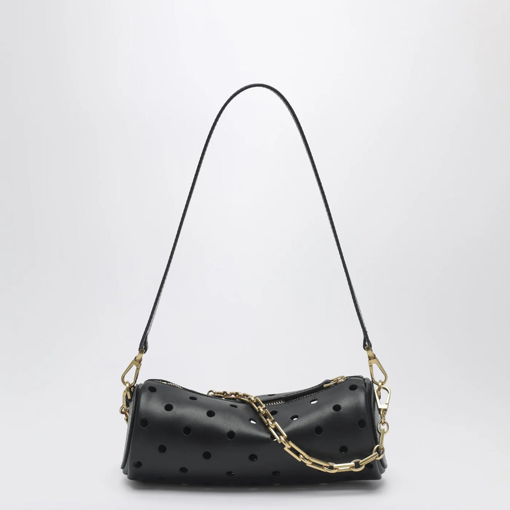 Manu Atelier Mini Cylinder bag in perforated black leather