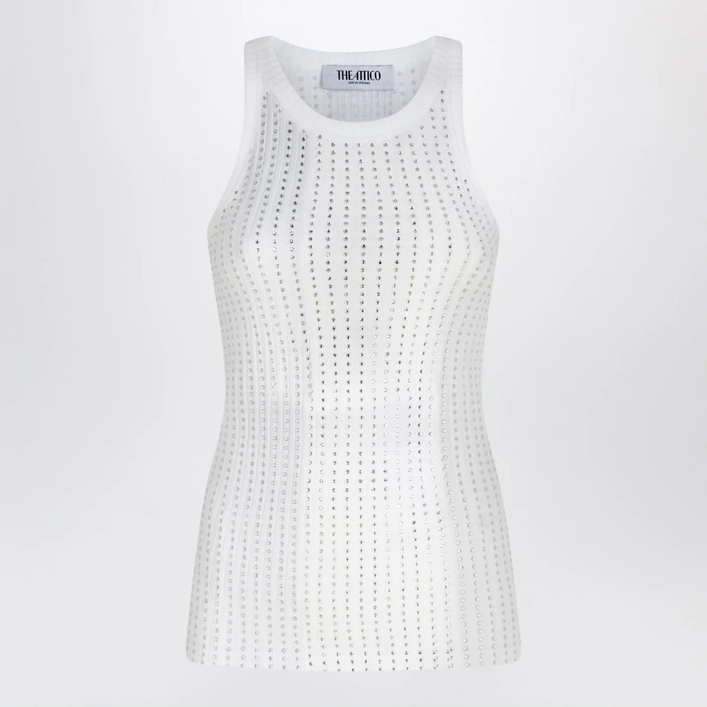 The Attico White tank top with rhinestones