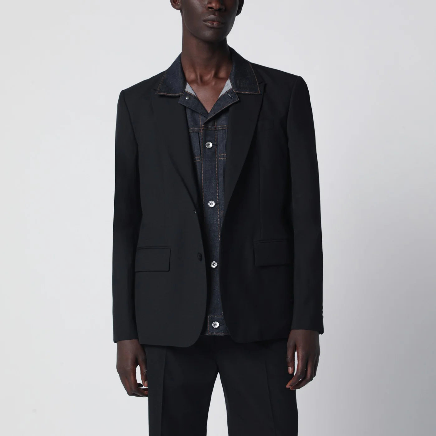 Sacai Black single-breasted jacket with denim insert