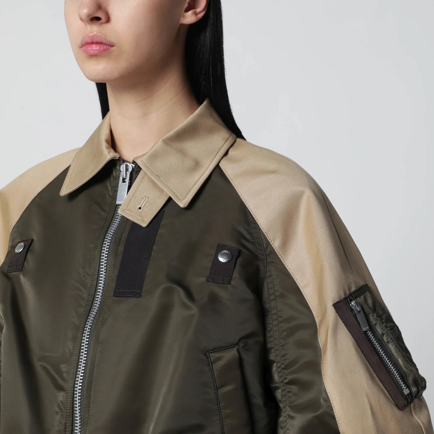 Sacai Khaki green/beige nylon zip jacket
