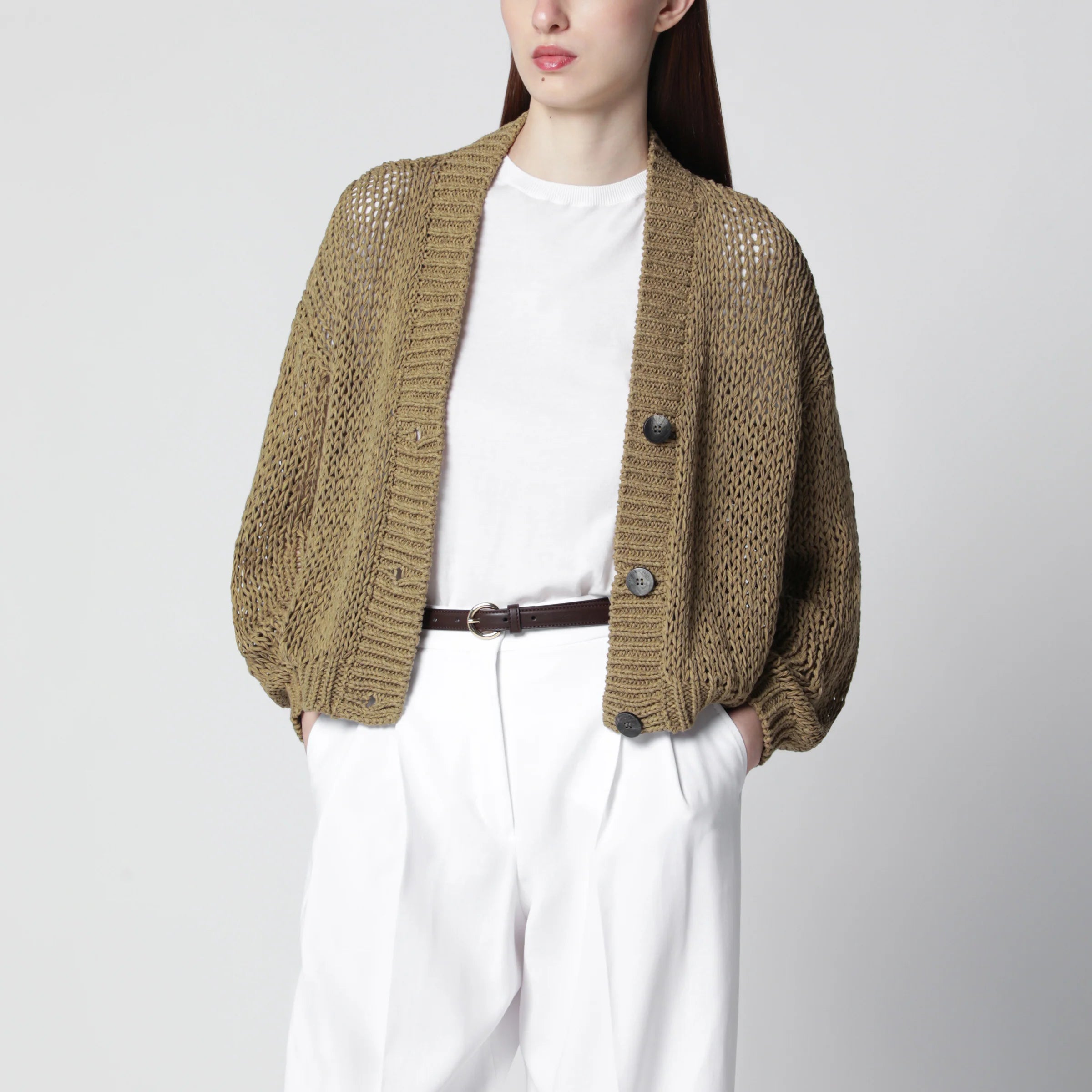 Roberto Collina Military green cotton-blend knit cardigan