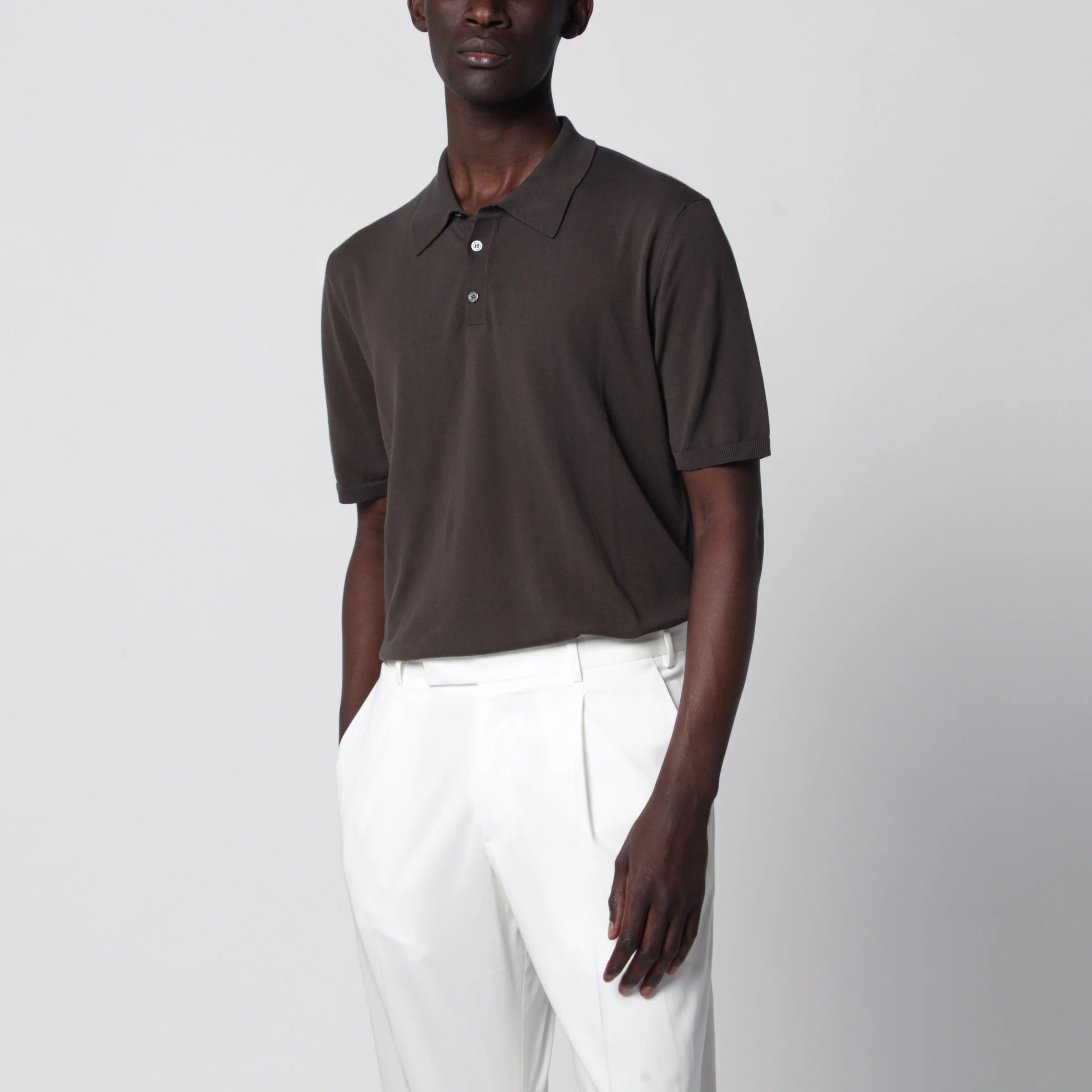 Roberto Collina Regular-fit cotton crepe knit polo in dark brown