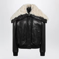 The Attico Black leather bomber jacket with shearling collar