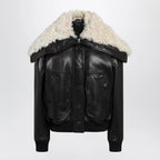 The Attico Black leather bomber jacket with shearling collar