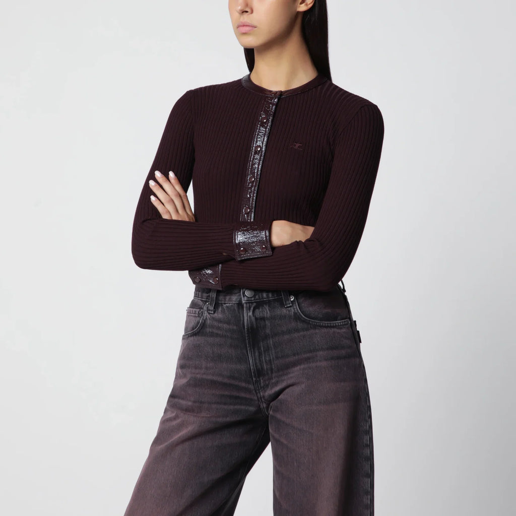 Courreges Courrèges Ribbed knit cardigan with vinyl trim in burgundy