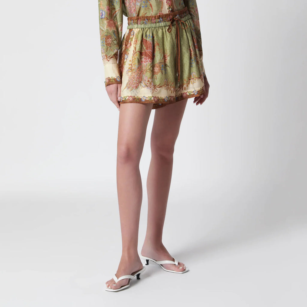 ZIMMERMANN Khaki floral silk Indra relaxed shorts
