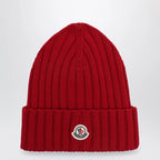 Moncler Cable-knit wool beanie with logo in burgundy
