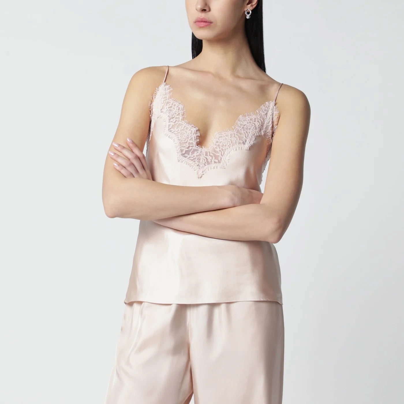 Róhe Light pink silk tank top with lace