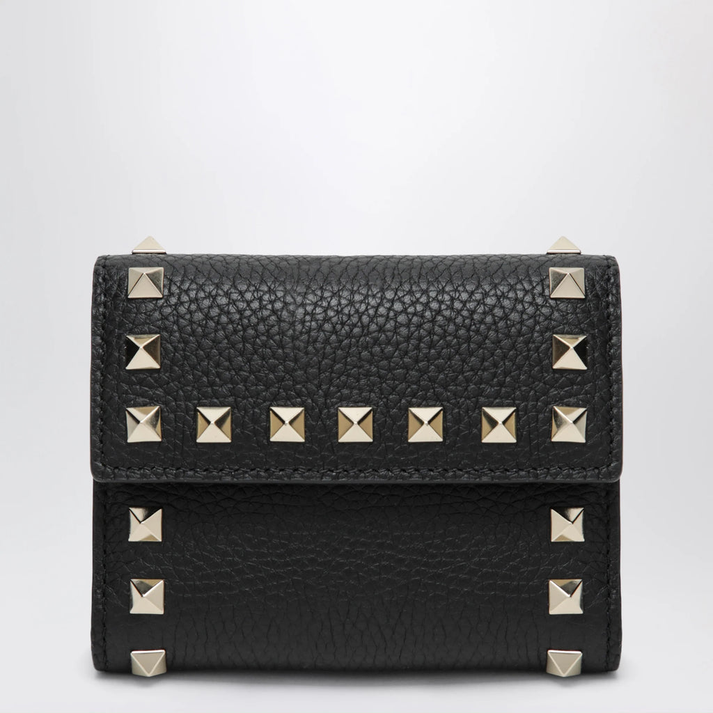 Valentino Garavani Rockstud trifold wallet in black grained calfskin