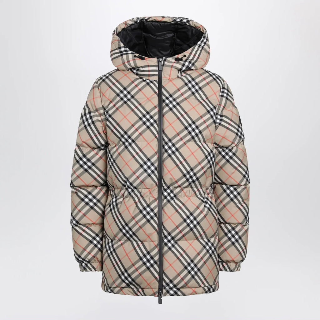 Burberry Hooded check nylon puffer jacket in sand