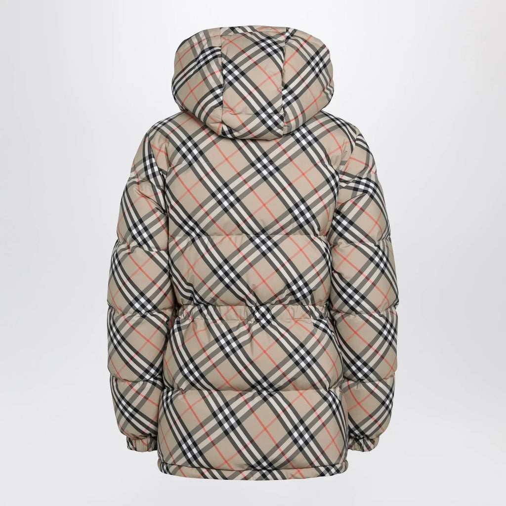 Burberry Hooded check nylon puffer jacket in sand