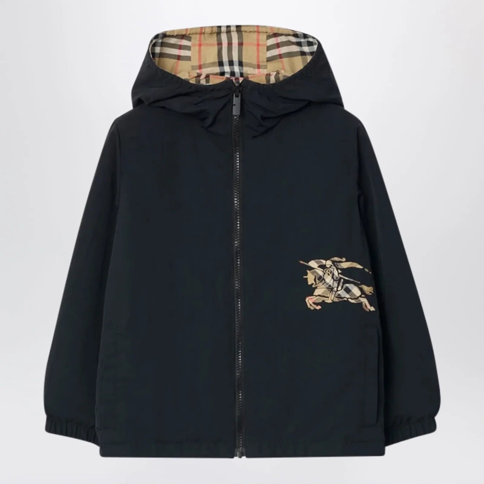 Burberry Reversible check hooded nylon jacket in sand