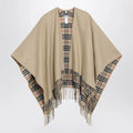 Burberry Reversible wool check cape with fringes in sand beige