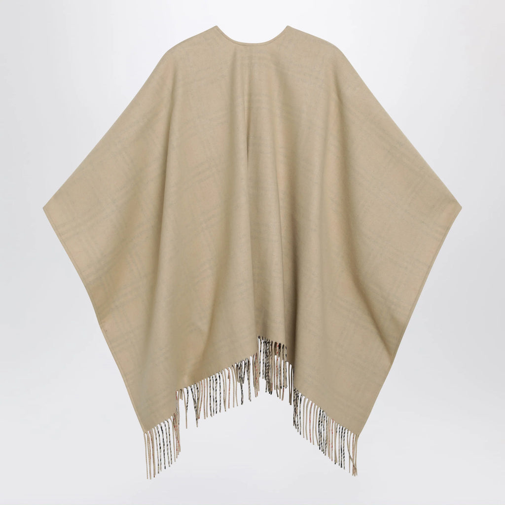 Burberry Reversible wool check cape with fringes in sand beige
