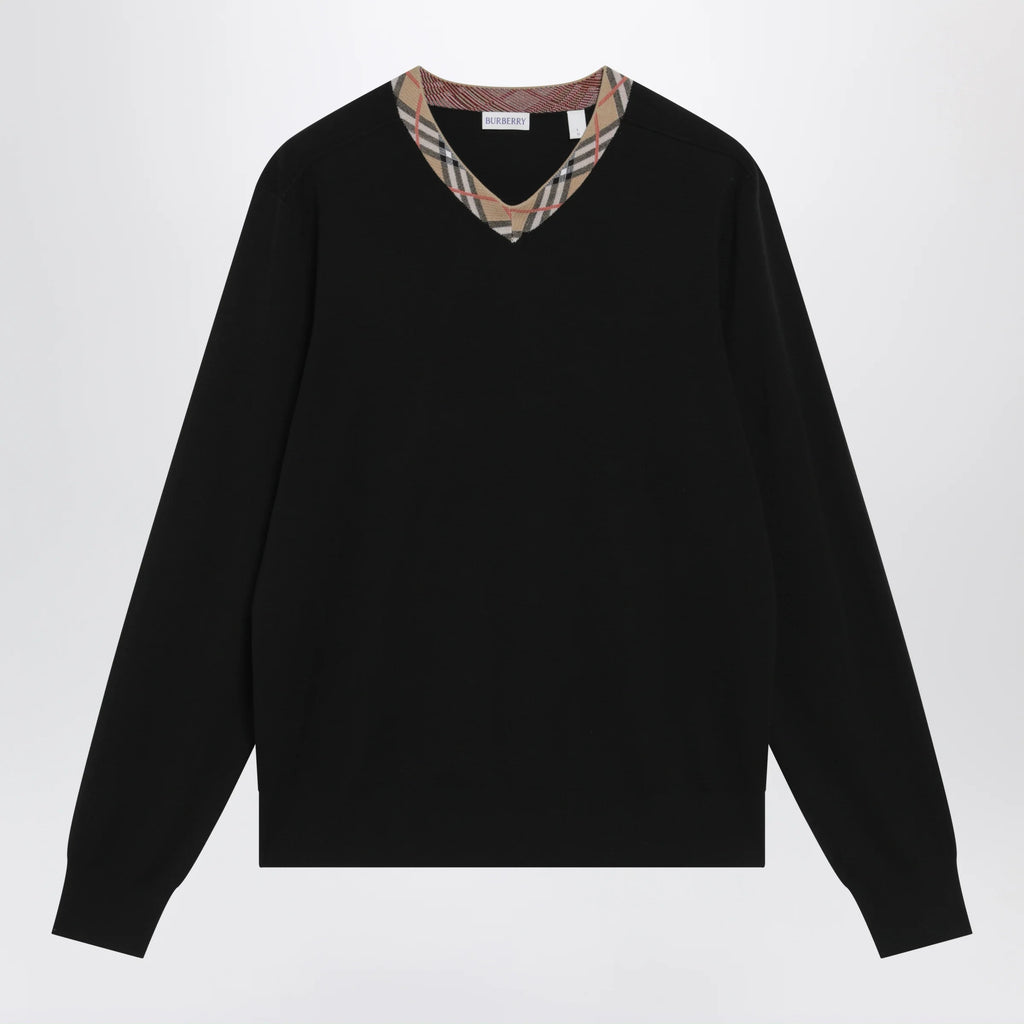 Burberry Black wool sweater with Check motif neckline