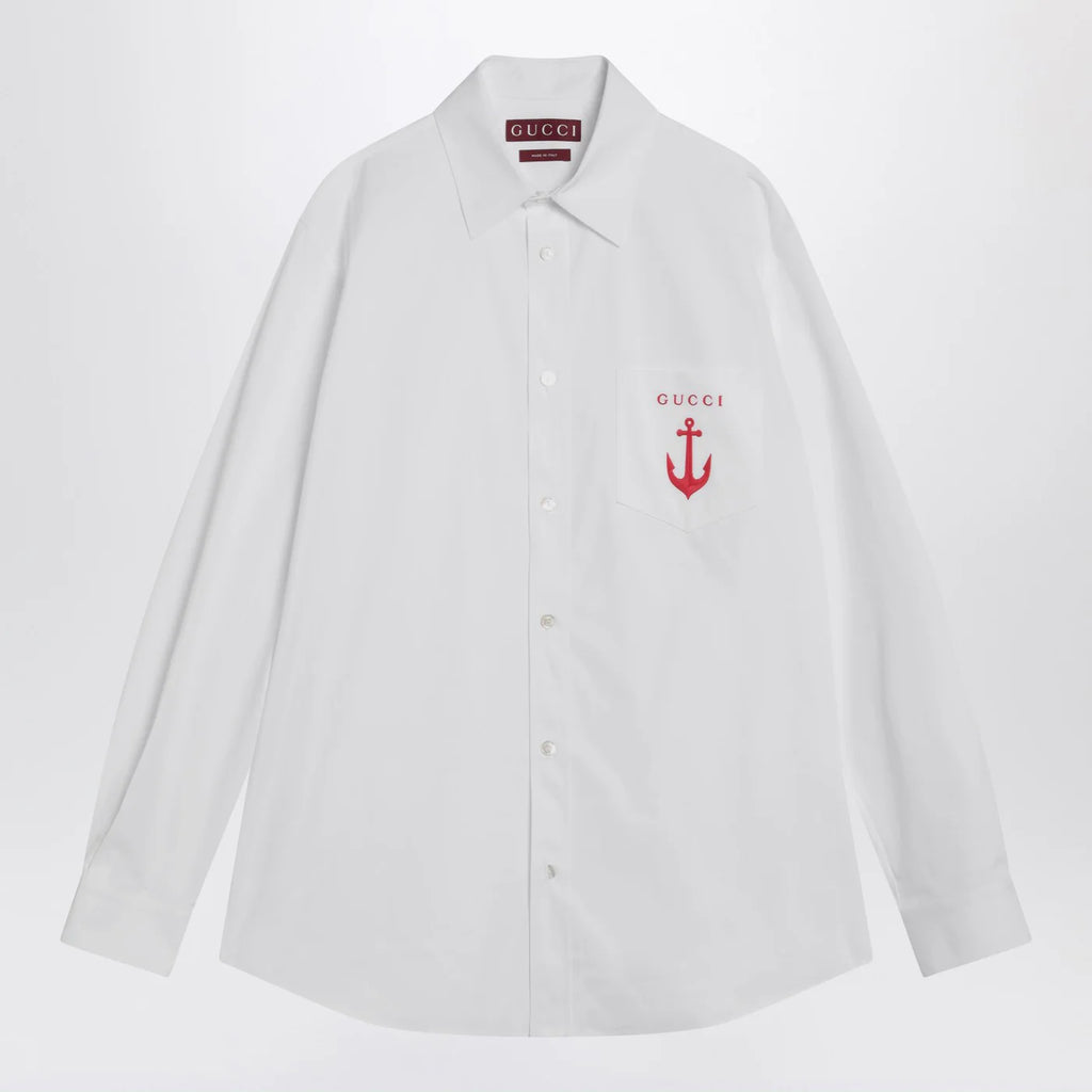 GUCCI White cotton shirt with logo embroidery