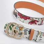GUCCI GG Marmont reversible belt in brown/white leather with Flora print