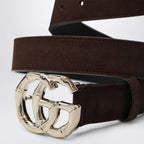 GUCCI Brown suede belt with bamboo GG Marmont buckle