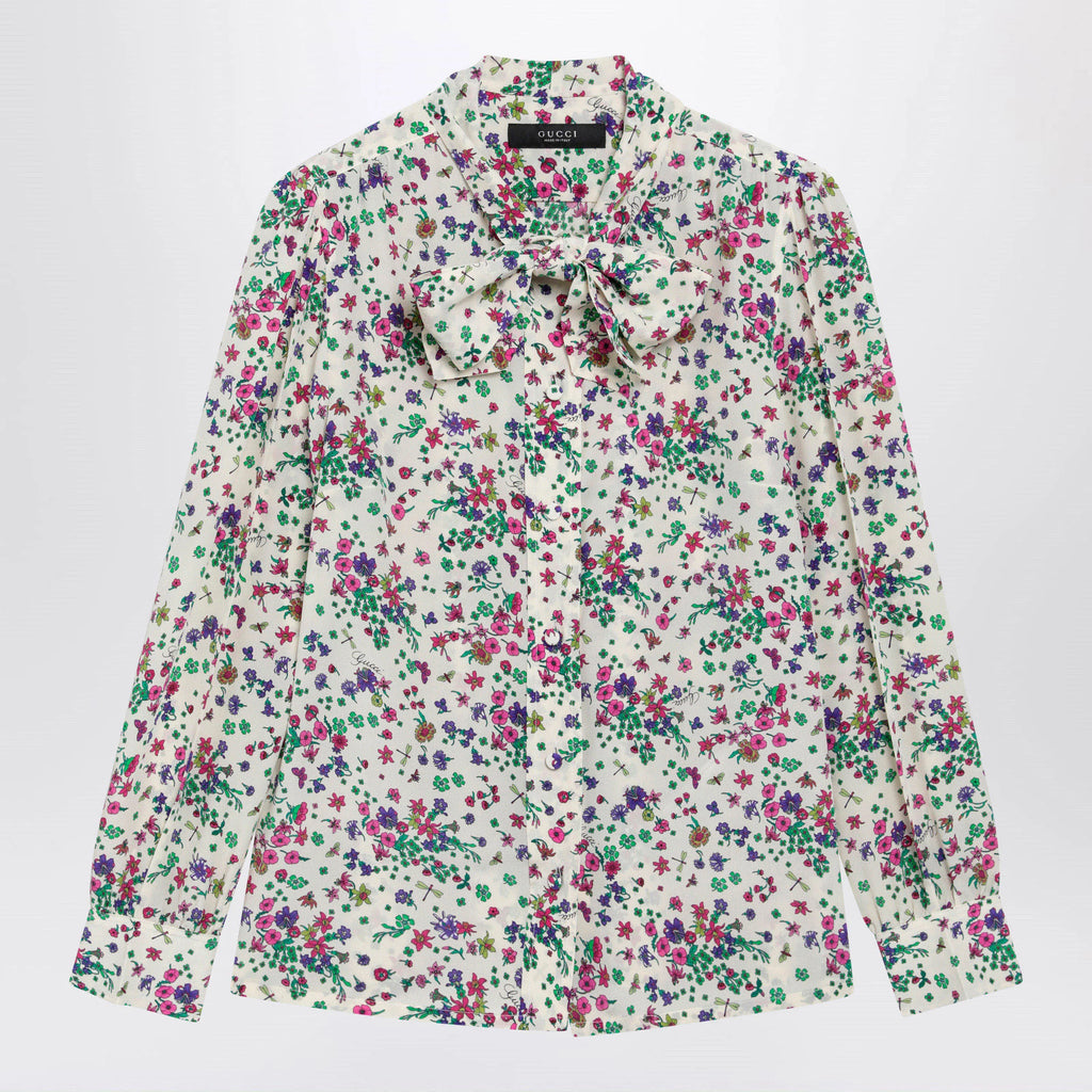 GUCCI Printed silk shirt with bow in ivory/pink