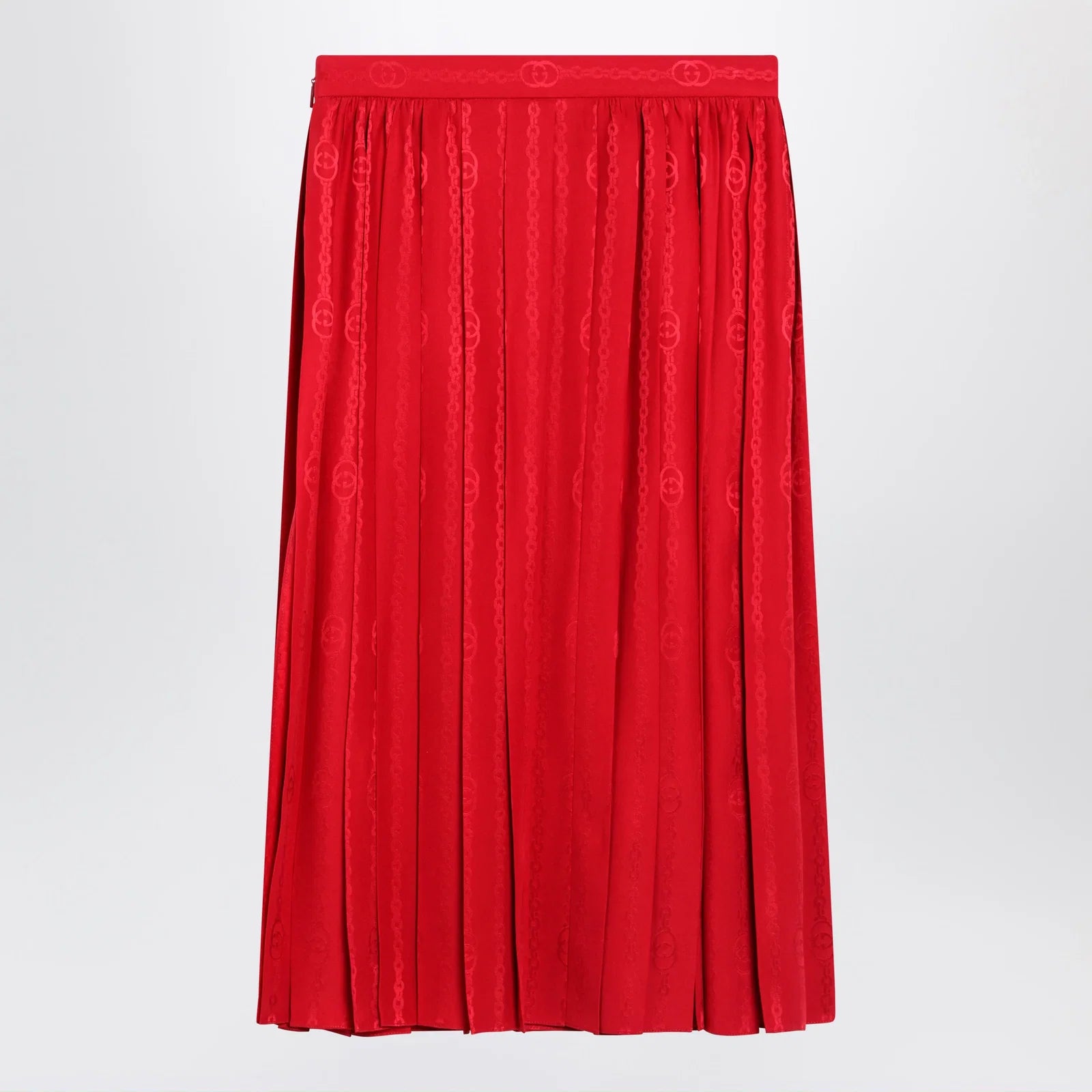 GUCCI Pleated silk jacquard midi skirt with GG chain in Fire